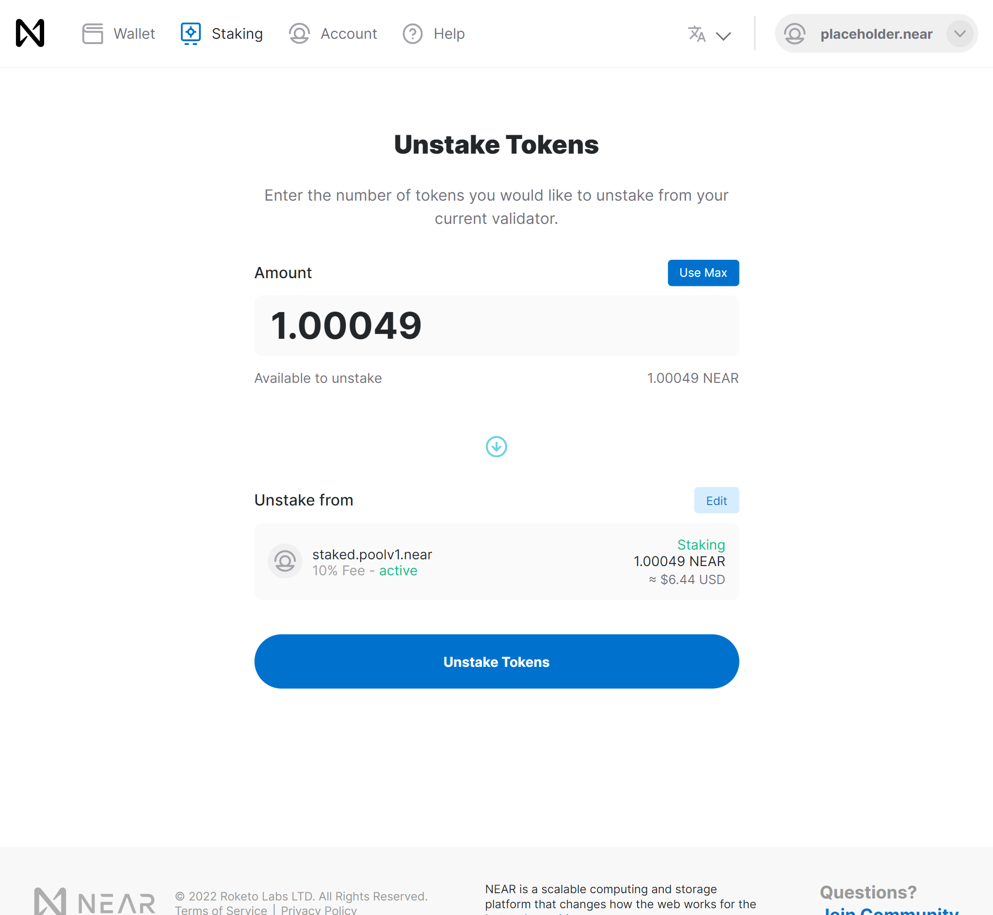 Unstake tokens page