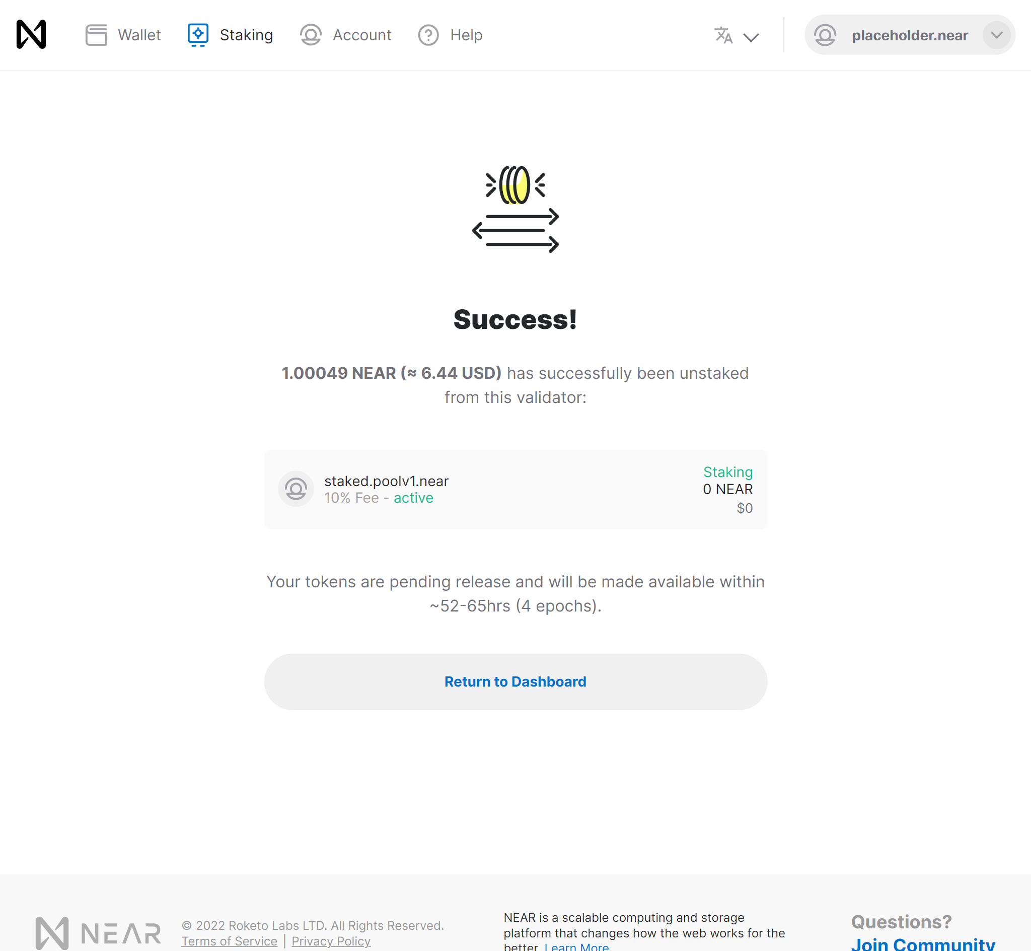 Unstake success page